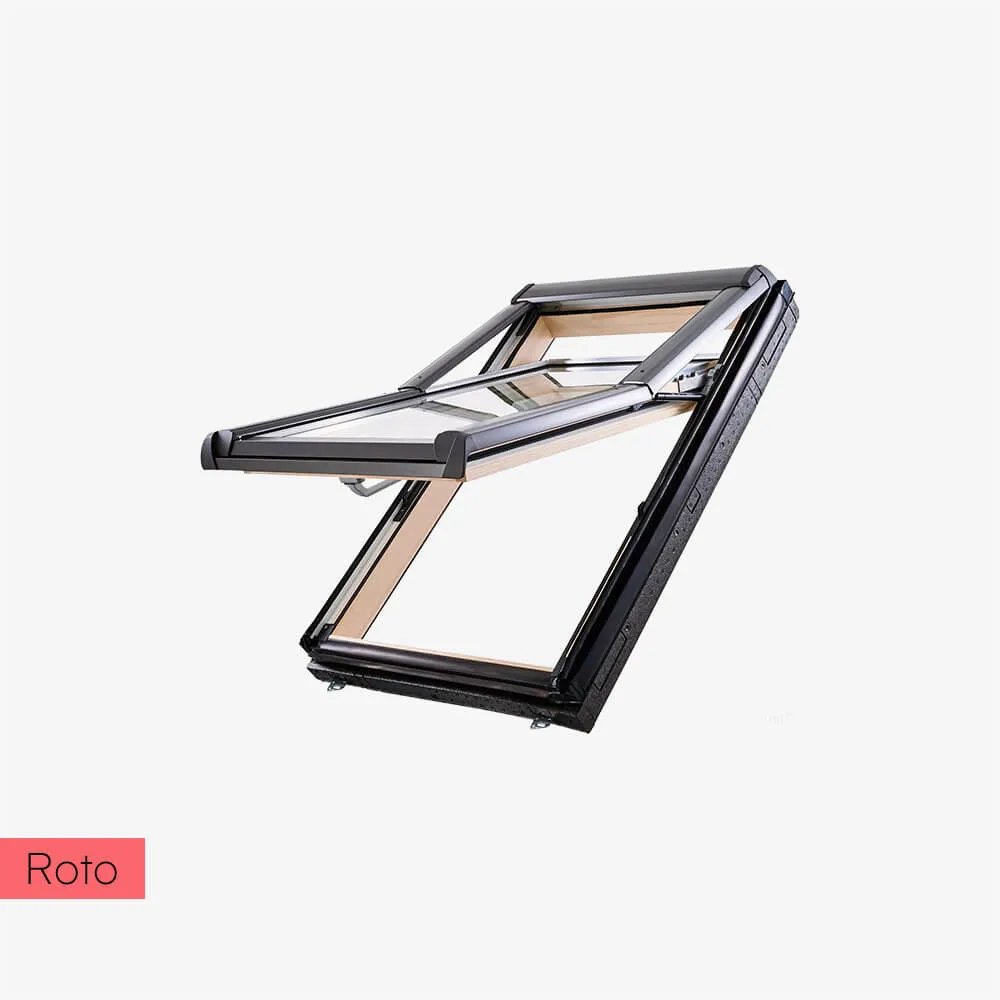 Wysokoobrotowe 3-szybowe okno dachowe drewniane z kołnierzem Roto Designo R7