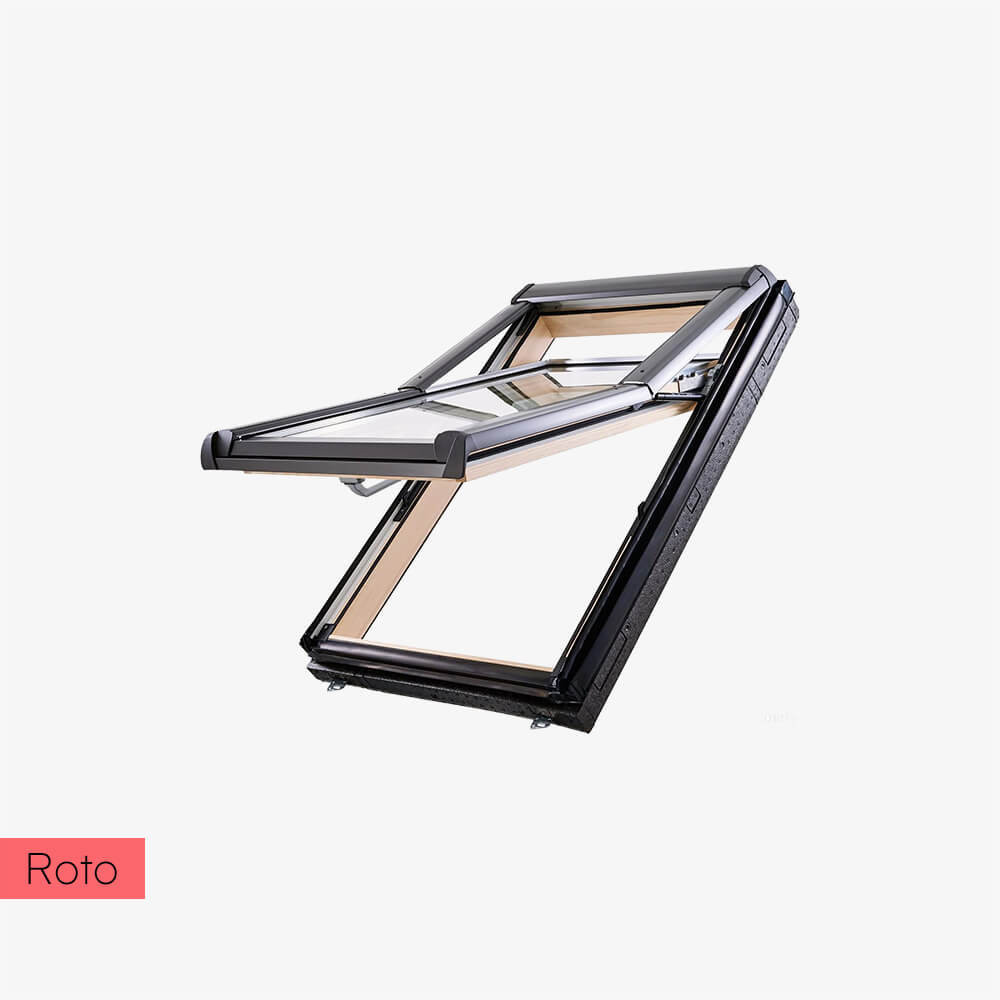 Wysokoobrotowe 3-szybowe okno dachowe drewniane z kołnierzem Roto Designo R7